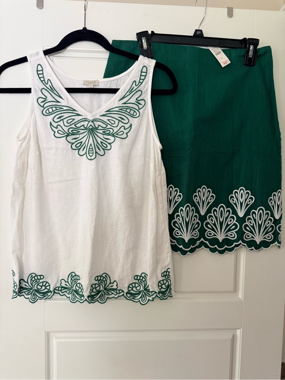 TALBOTS EMBROIDERED LINEN COTTON SKIRT/EMBROIDERED SHELL GREEN/WHITE Sp/6